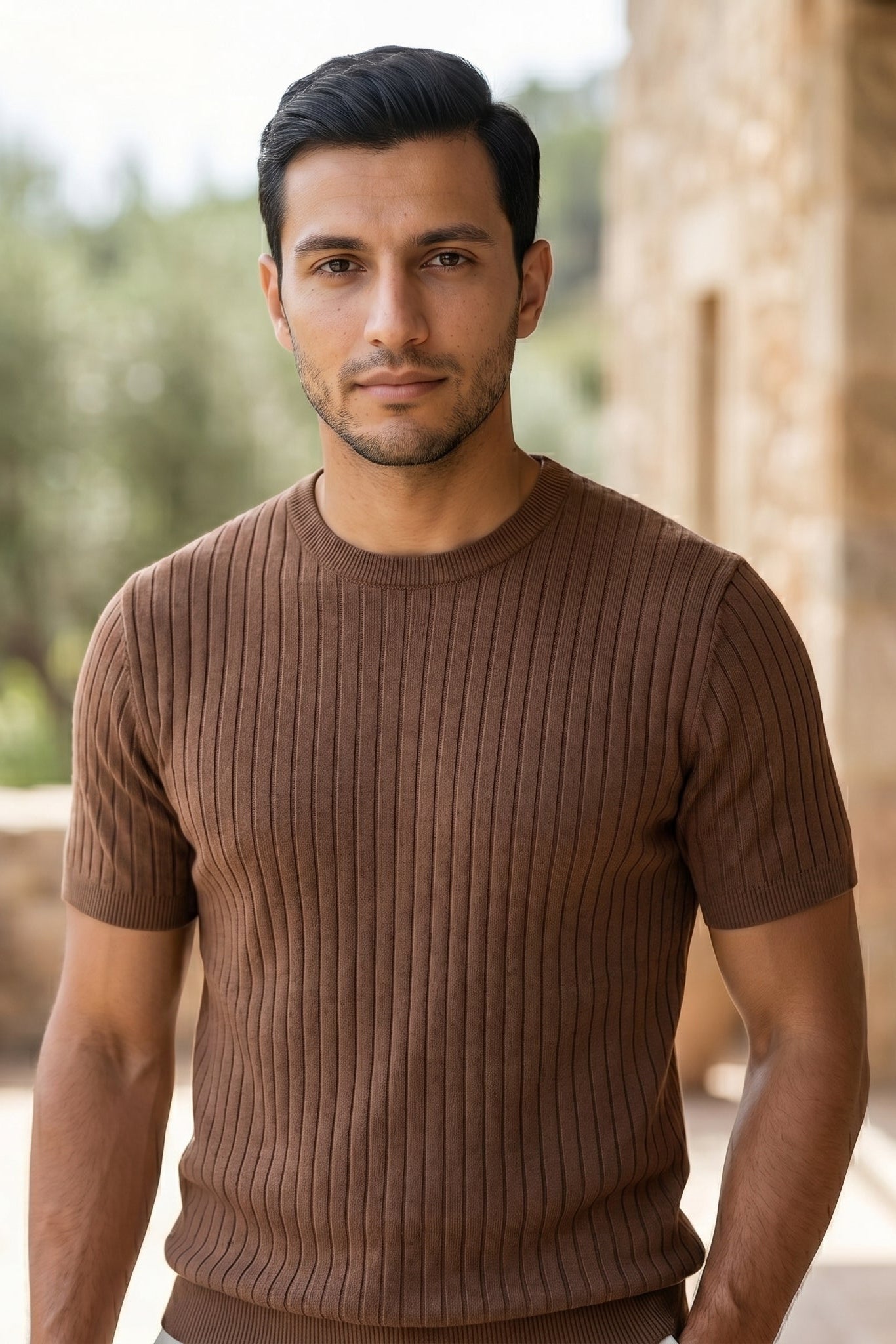 Upper body - Mocha brown men’s ribbed crew neck summer T-shirt
