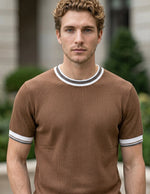 Upper body - Mocha brown men’s ribbed summer T-shirt with contrast trim