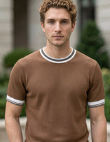 Upper body - Mocha brown men’s ribbed summer T-shirt with contrast trim