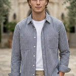 Upper body - Navy and white striped men’s cotton-blend button-up shirt