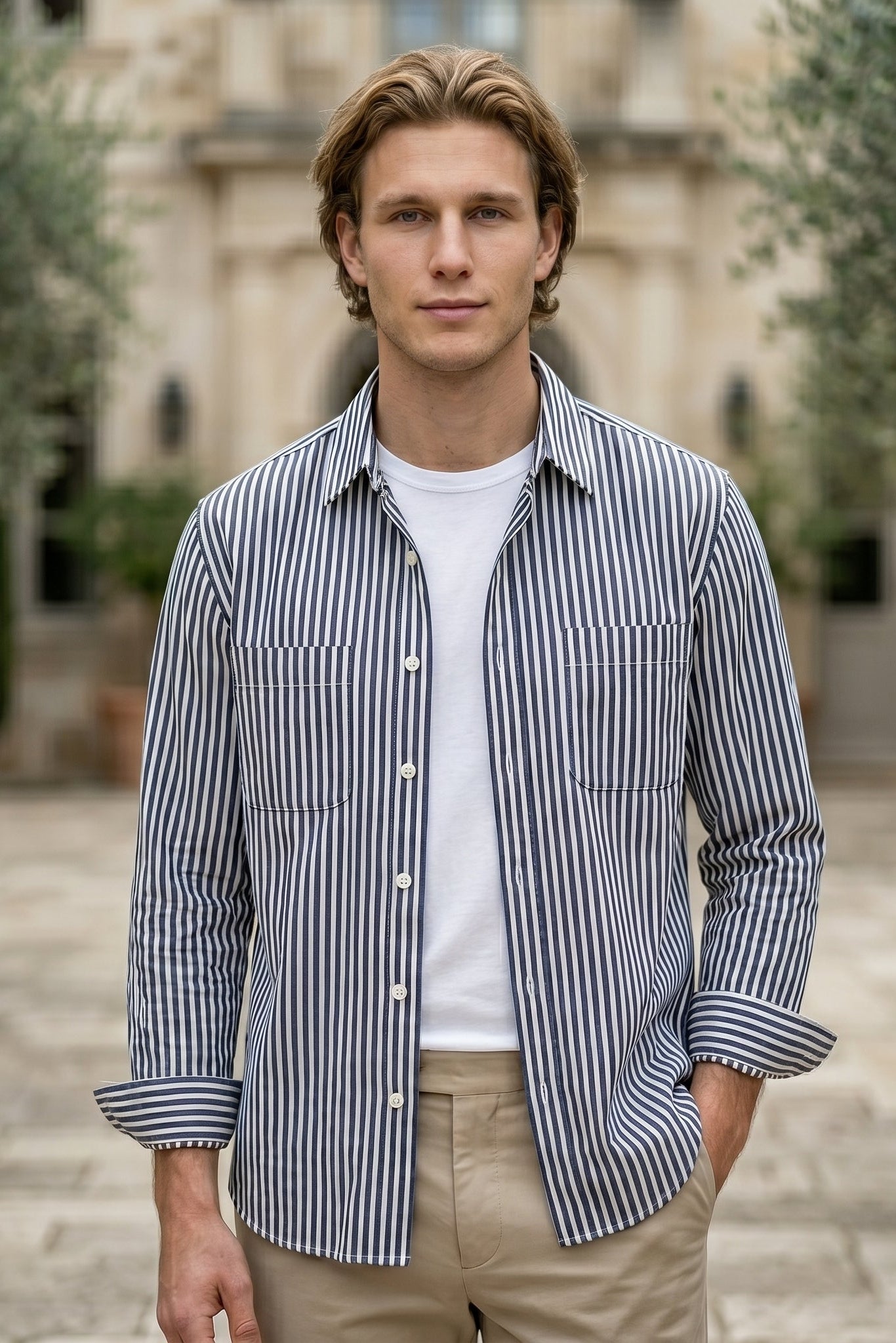 Upper body - Navy and white striped men’s cotton-blend button-up shirt