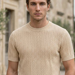 Upper body - Sand beige men’s openwork knit short sleeve summer T-shirt