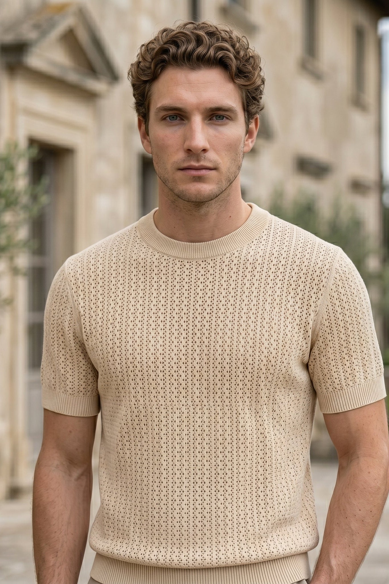 Upper body - Sand beige men’s openwork knit short sleeve summer T-shirt