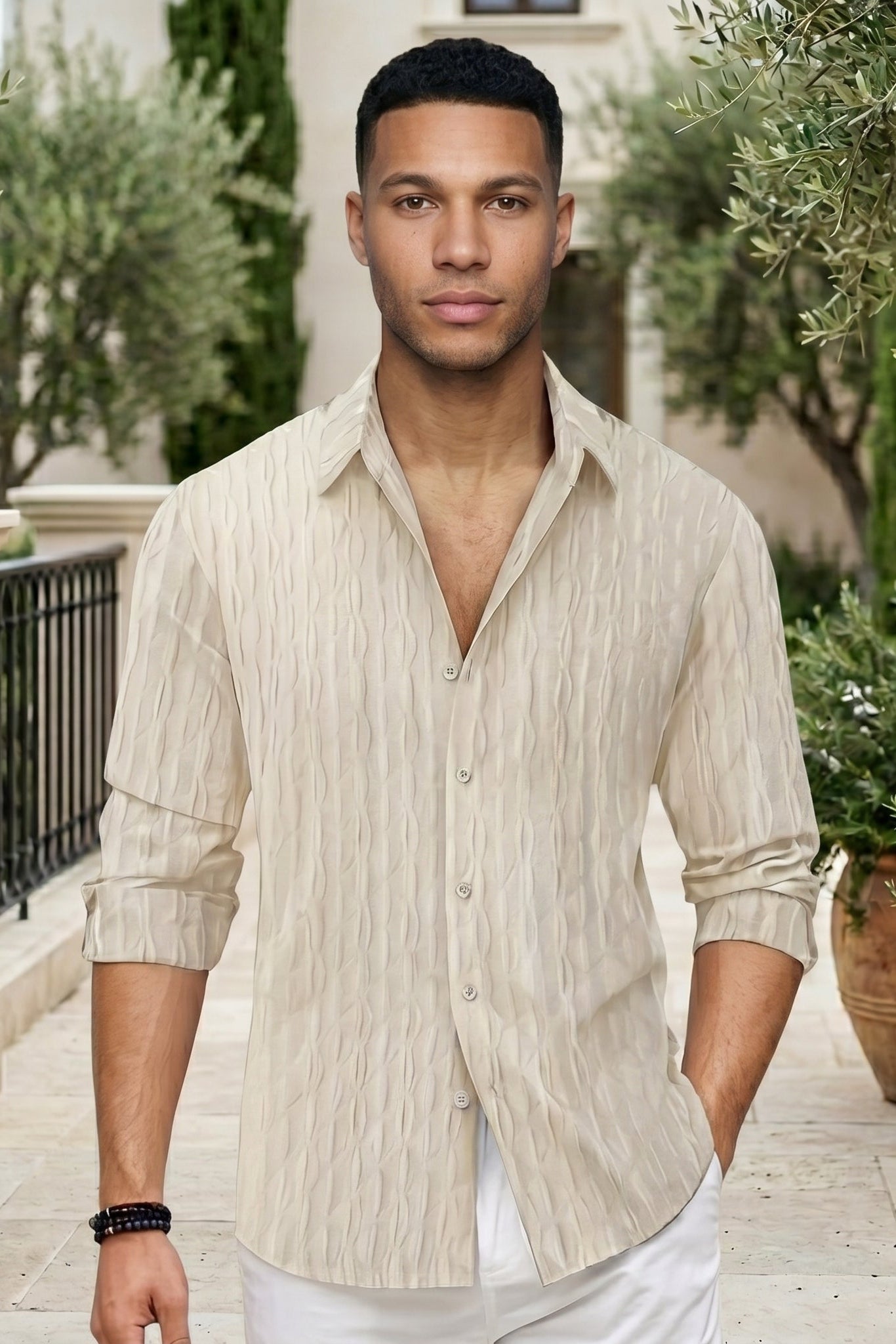 Upper body - Soft cream men’s embossed collared long sleeve shirt
