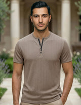 Upper body - Taupe beige men’s textured short sleeve Henley T-shirt
