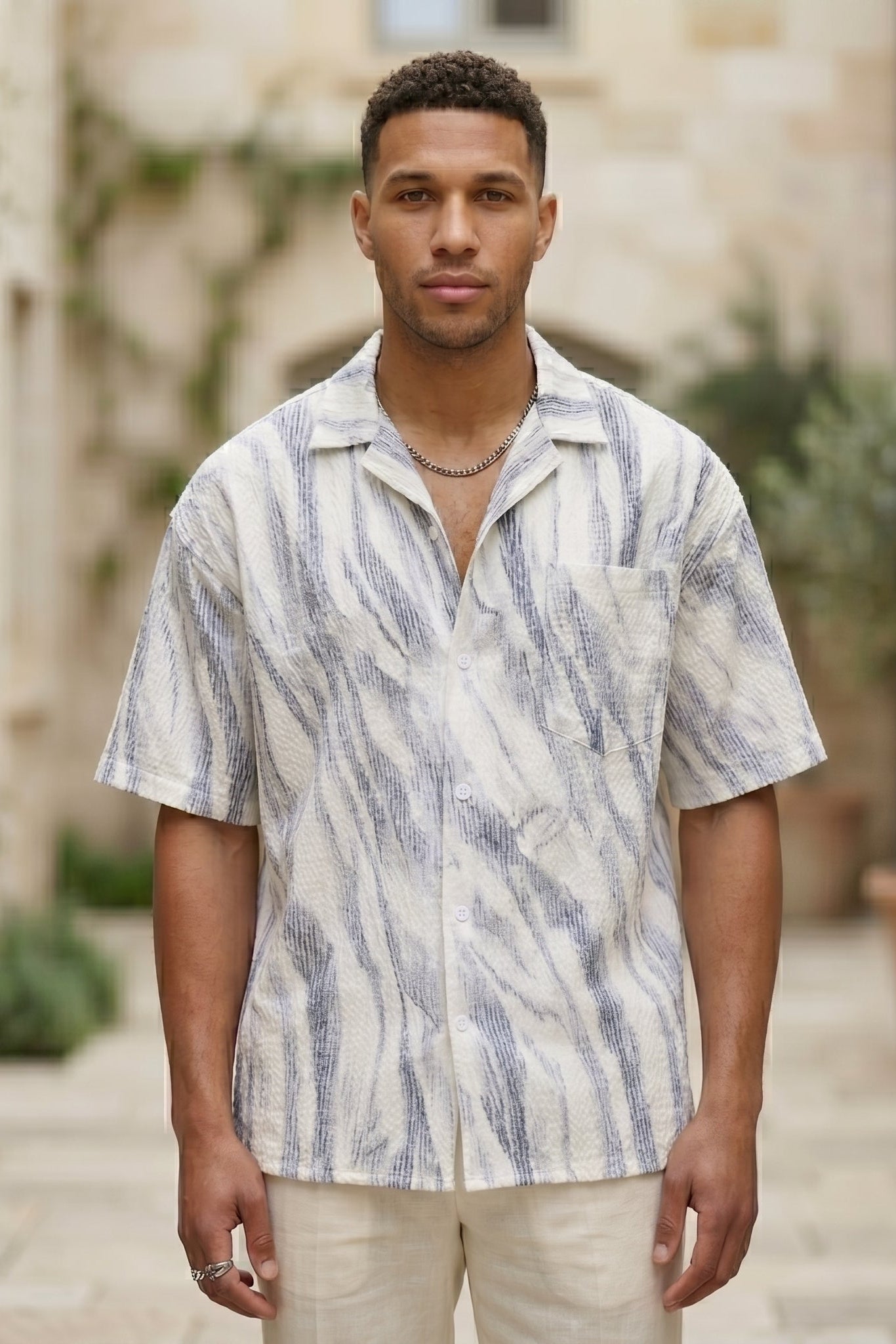 Upper body - White grey marble men’s textured short sleeve button-up shirt