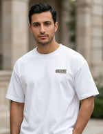 Upper body - White men’s cotton-blend short sleeve T-shirt with chest graphic