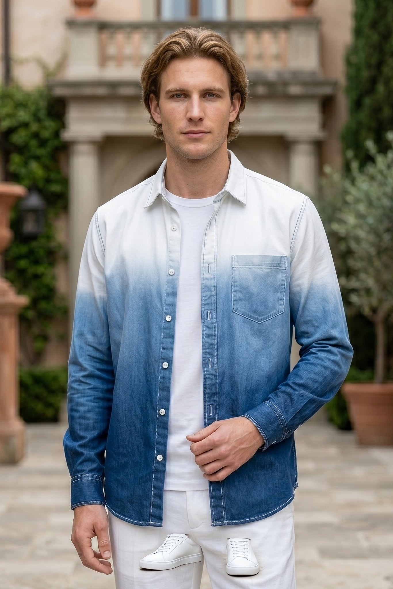 Upper body White and blue gradient men’s cotton button-up shirt