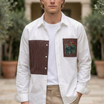 Upper body -  White men’s patchwork button-up shirt with brown striped panels