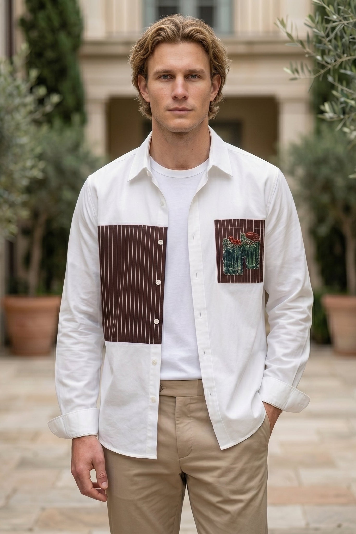 Upper body -  White men’s patchwork button-up shirt with brown striped panels