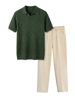 Verde Knit - Green ribbed polo shirt and beige pants on a white background