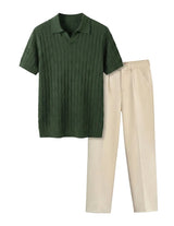 Verde Knit - Green ribbed polo shirt and beige pants on a white background