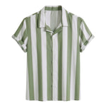 White and sage green striped short-sleeve button-up summer shirt on a white background.