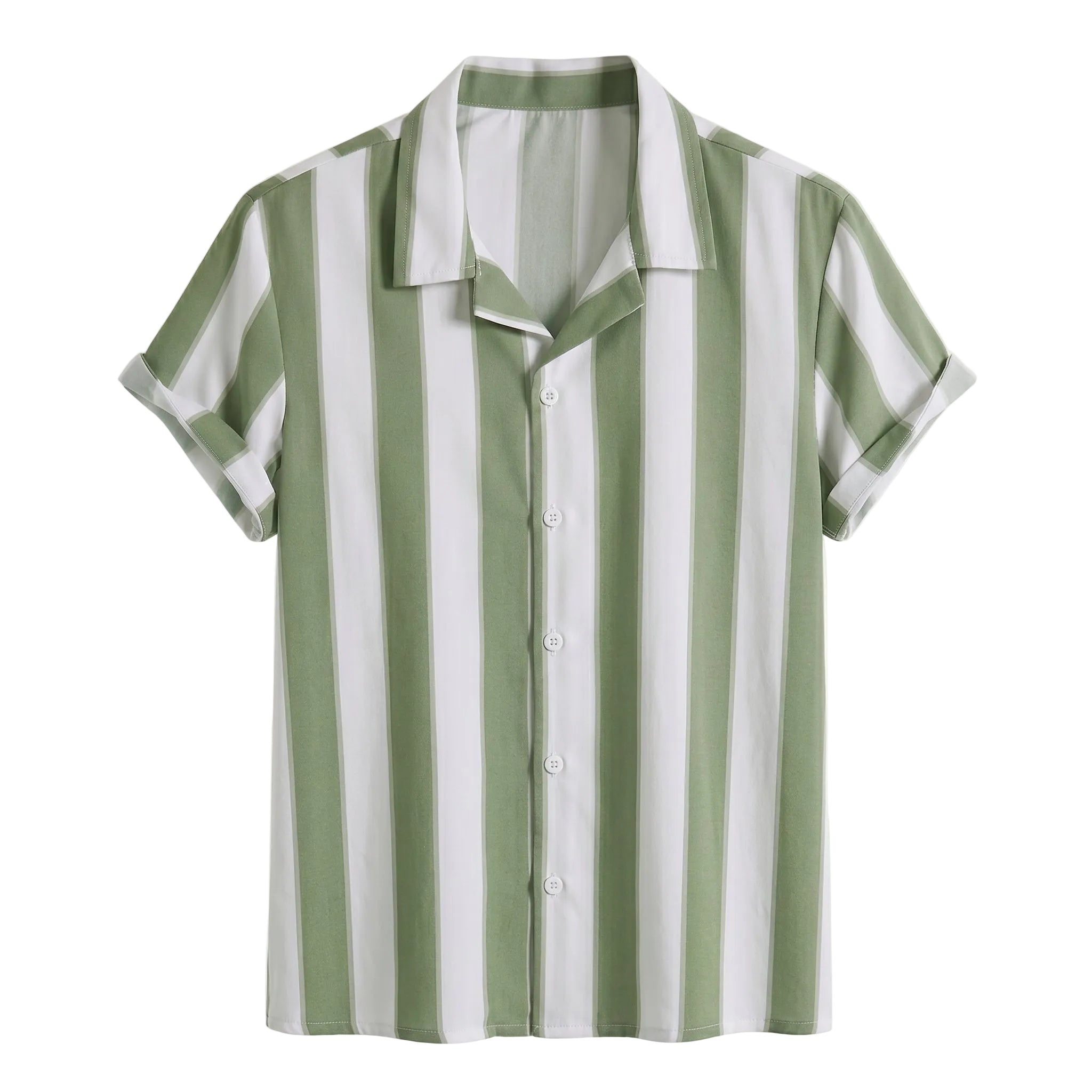 White and sage green striped short-sleeve button-up summer shirt on a white background.