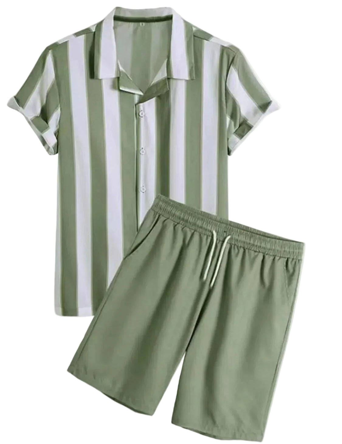 White and sage green striped short-sleeve shirt with matching sage green drawstring shorts on a white background.