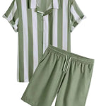 White and sage green striped short-sleeve shirt with matching sage green drawstring shorts on a white background.