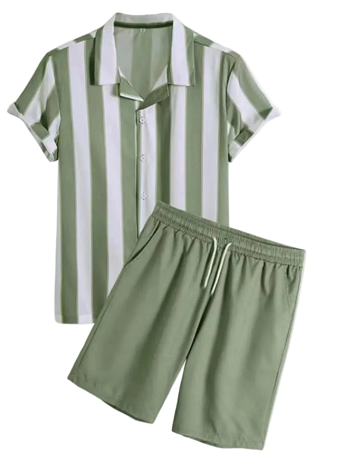 White and sage green striped short-sleeve shirt with matching sage green drawstring shorts on a white background.