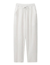 White drawstring relaxed-fit pants with straight legs on a white background.