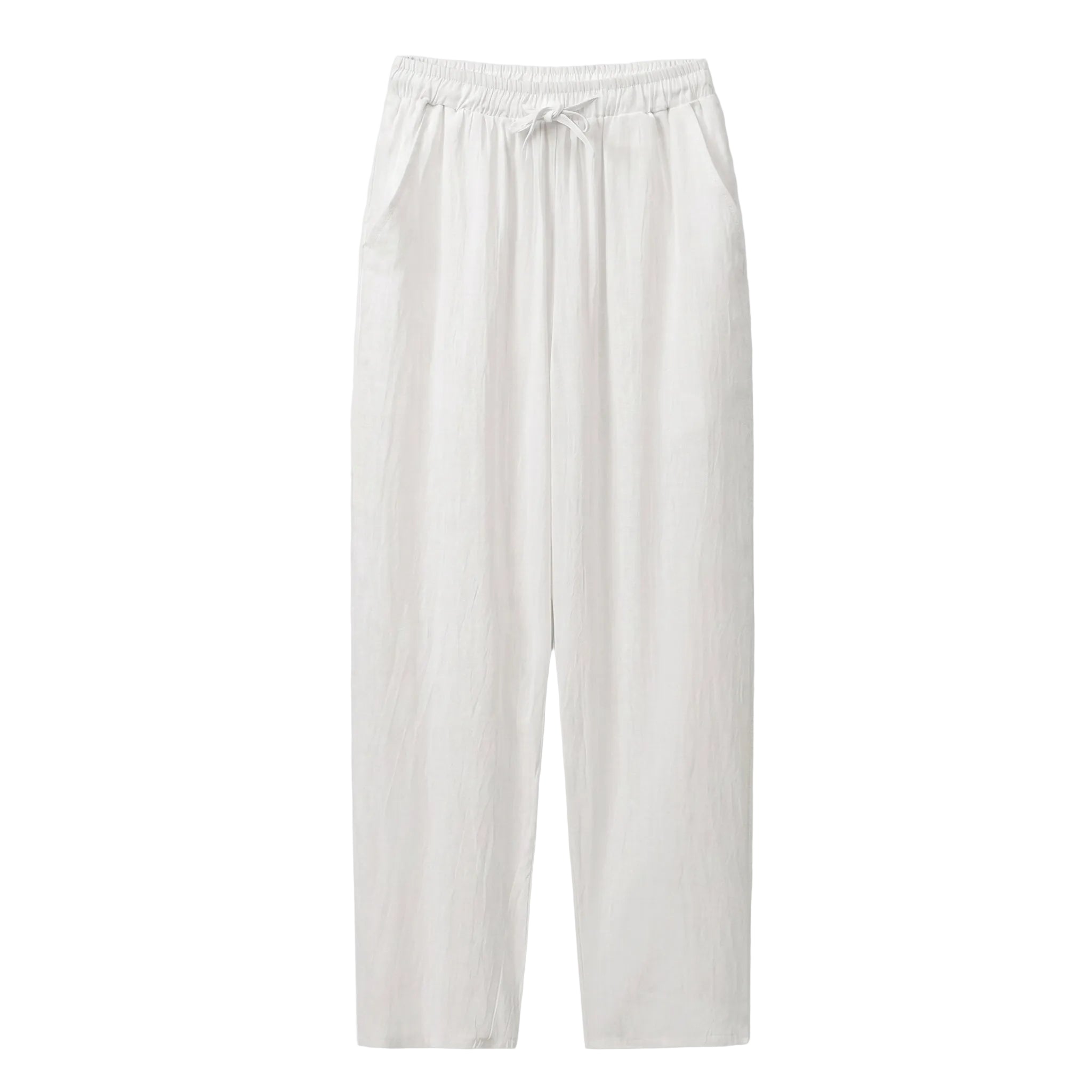 White drawstring relaxed-fit pants with straight legs on a white background.