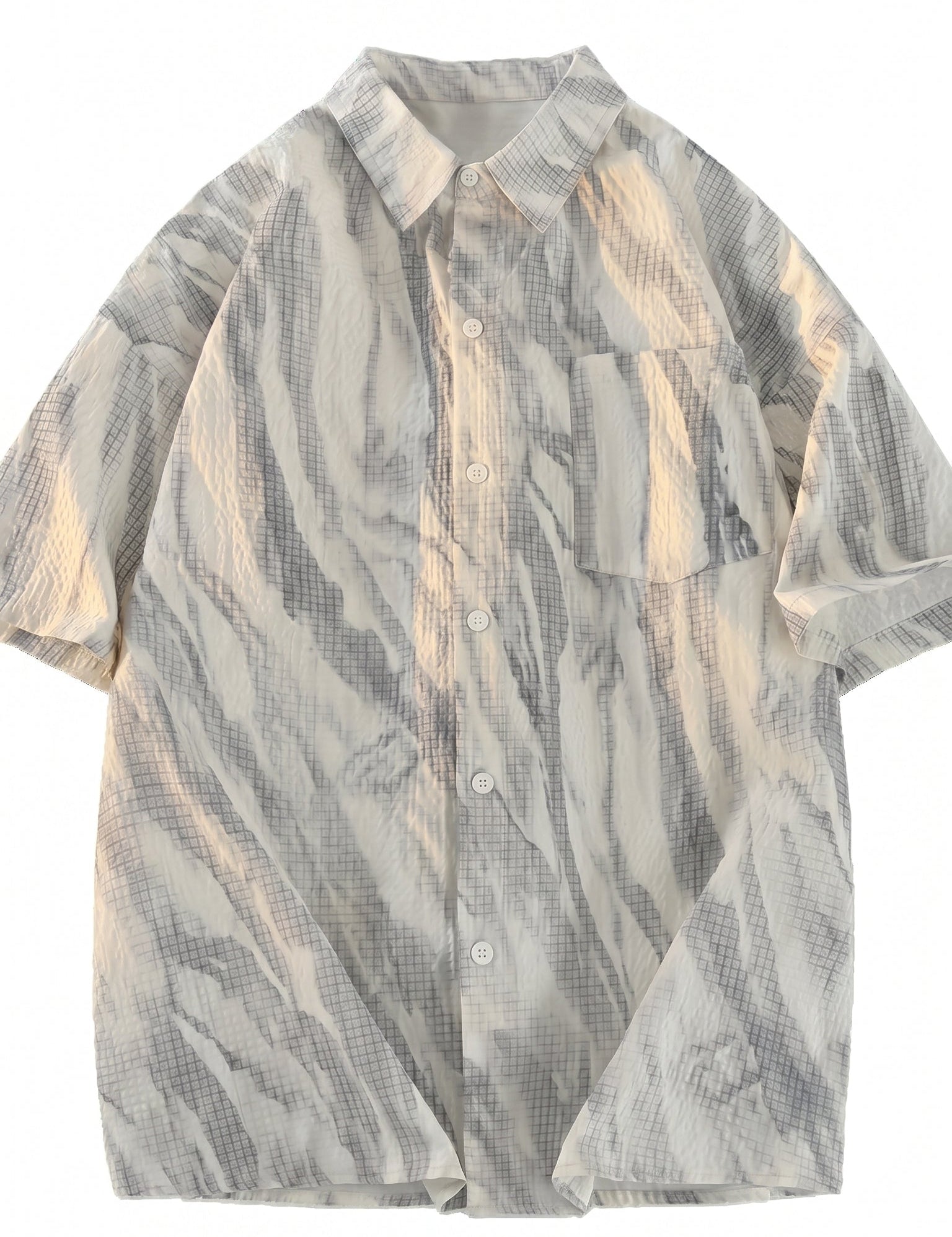 White grey abstract men’s textured short sleeve button-up shirt