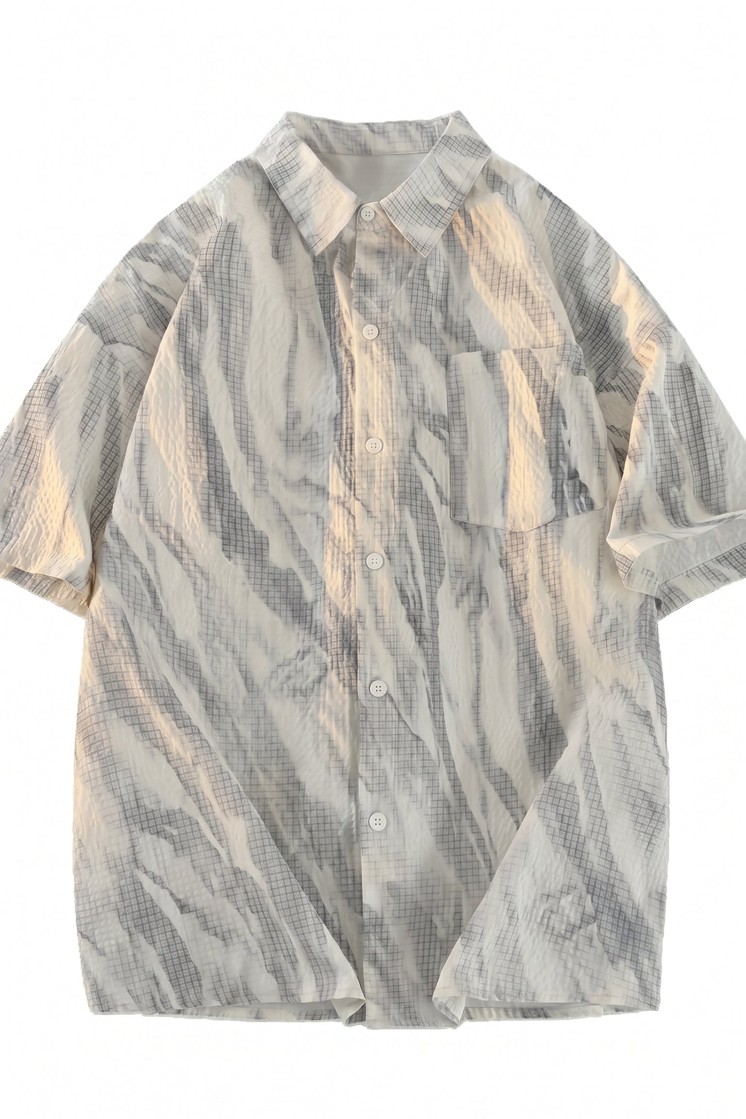 White grey abstract men’s textured short sleeve button-up shirt