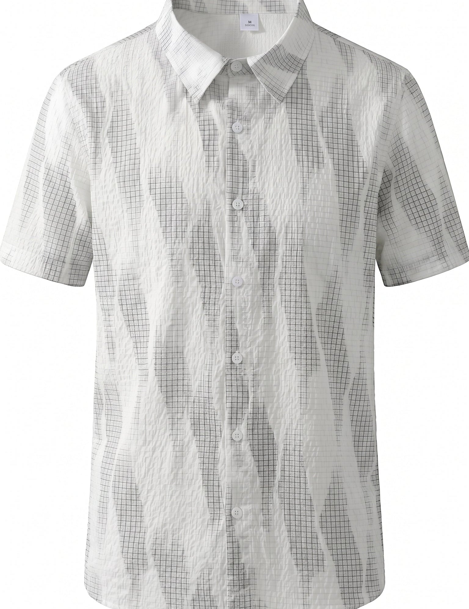 White grid men’s textured short sleeve button-up shirt