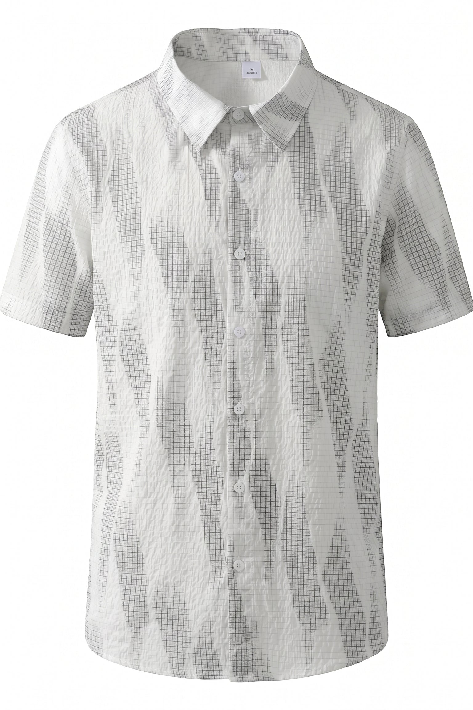 White grid men’s textured short sleeve button-up shirt