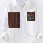 White men’s patchwork button-up shirt with brown striped panels