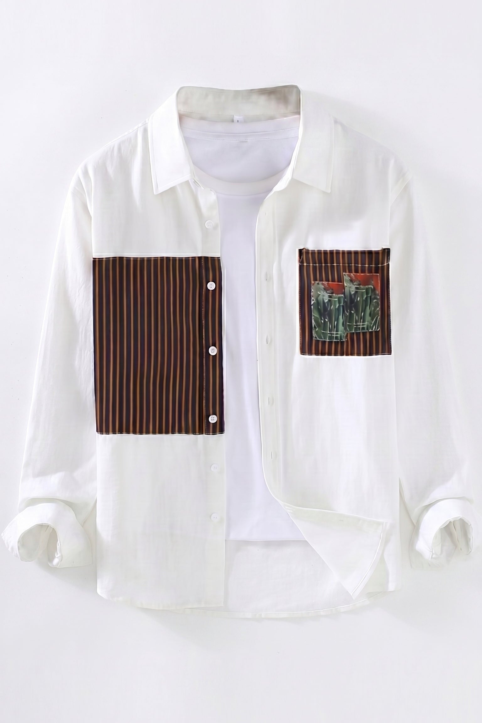 White men’s patchwork button-up shirt with brown striped panels