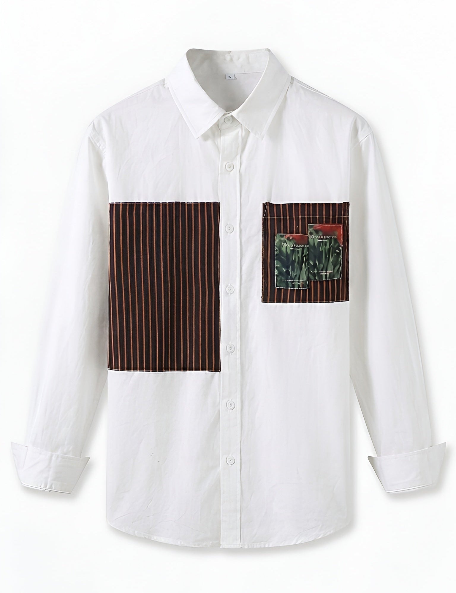 White men’s patchwork button-up shirt with brown striped panels
