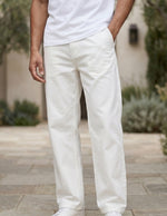 White men’s ribbed straight-leg trousers with pockets and button waistband bottom
