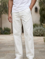White men’s ribbed straight-leg trousers with pockets and button waistband bottom