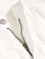 White men’s ribbed straight-leg trousers with pockets and button waistband close-up details