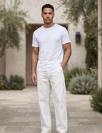 White men’s ribbed straight-leg trousers with pockets and button waistband lifestyle