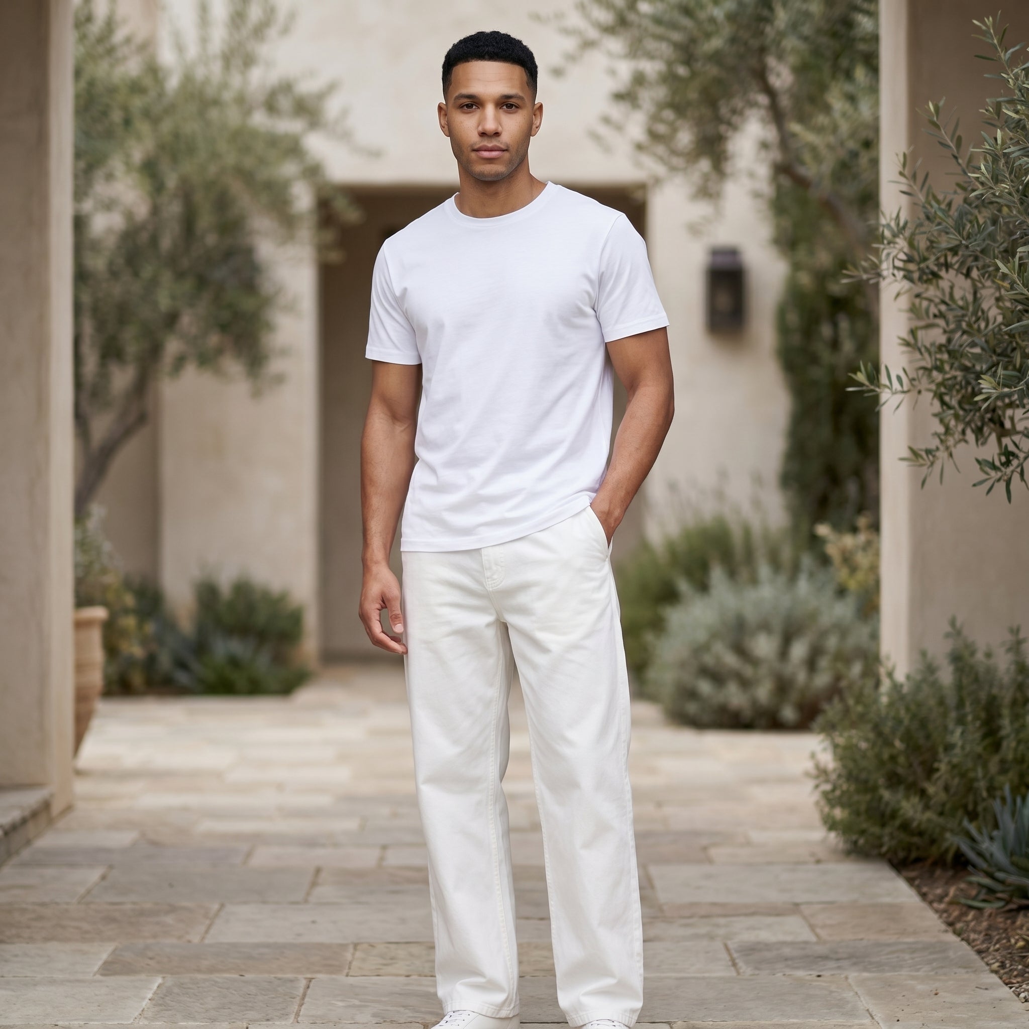 White men’s ribbed straight-leg trousers with pockets and button waistband lifestyle