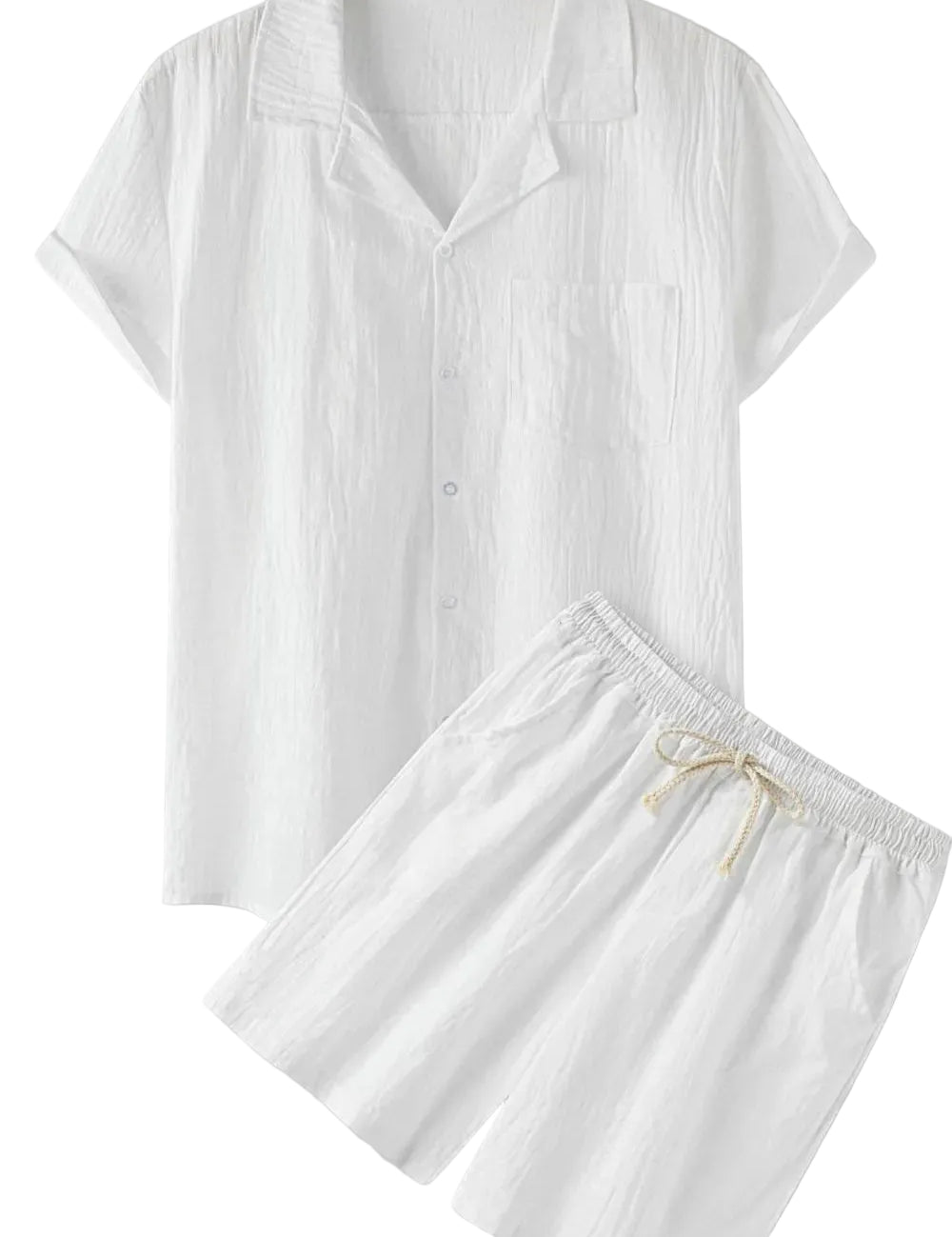 White pajama set with a shirt and shorts on a gray background