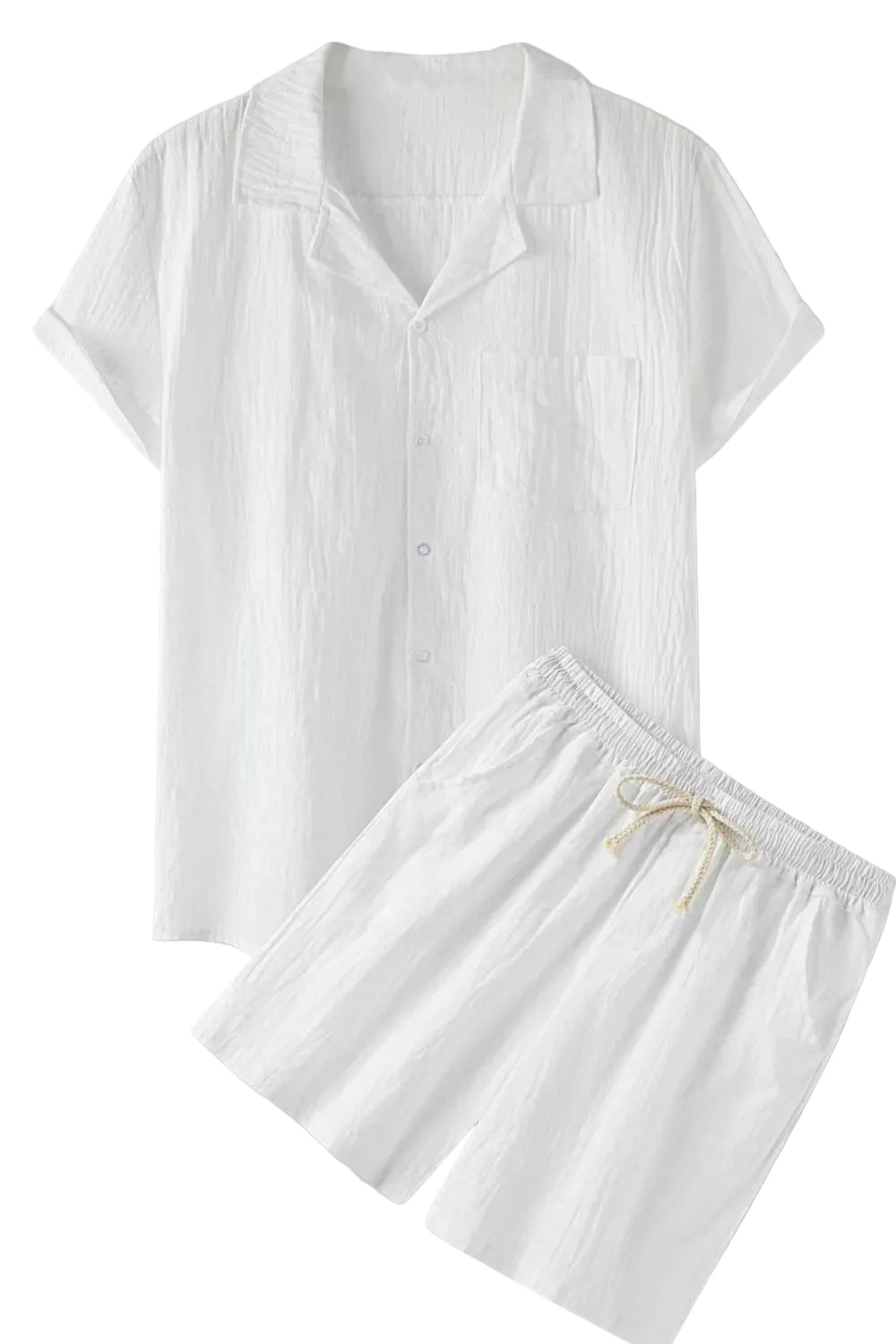 White pajama set with a shirt and shorts on a gray background