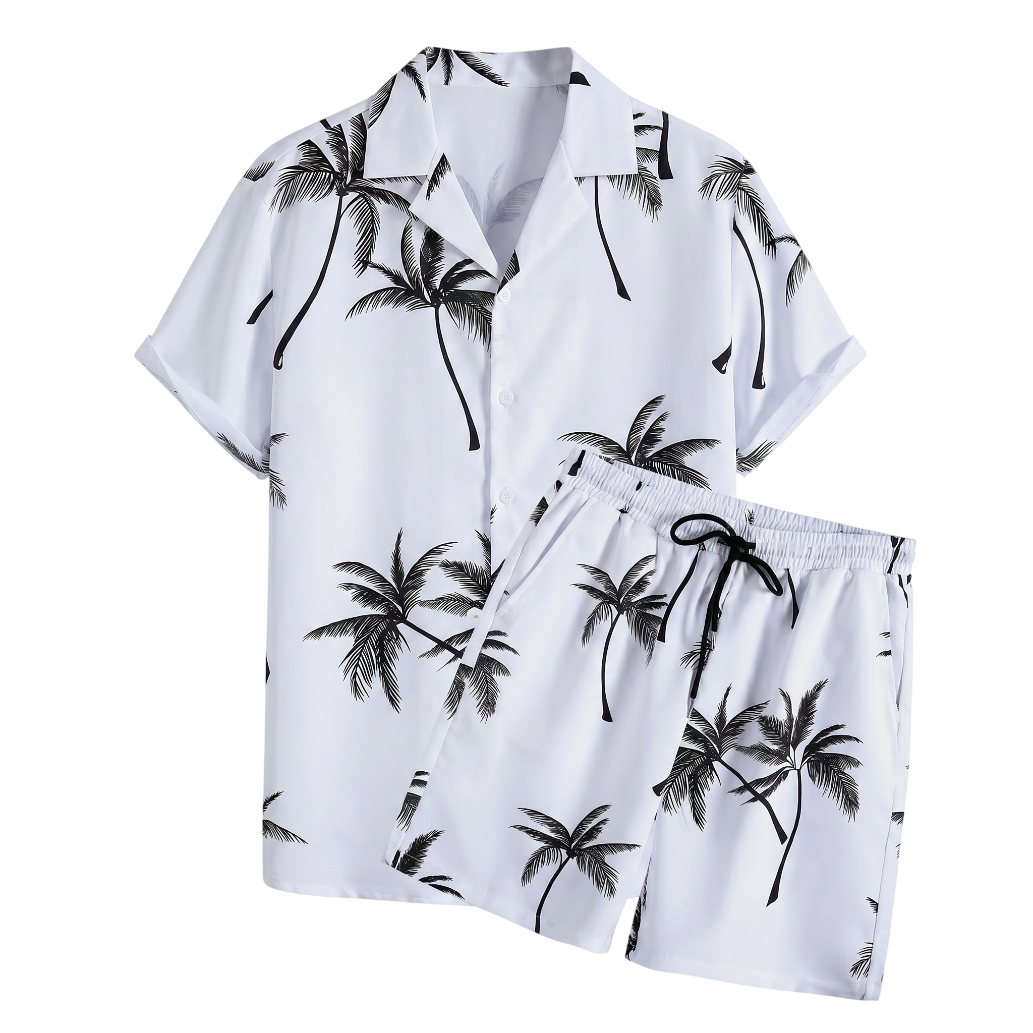White palm print short-sleeve button-up summer shirt on a white background.