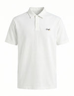 White polo shirt with a small logo on a white background