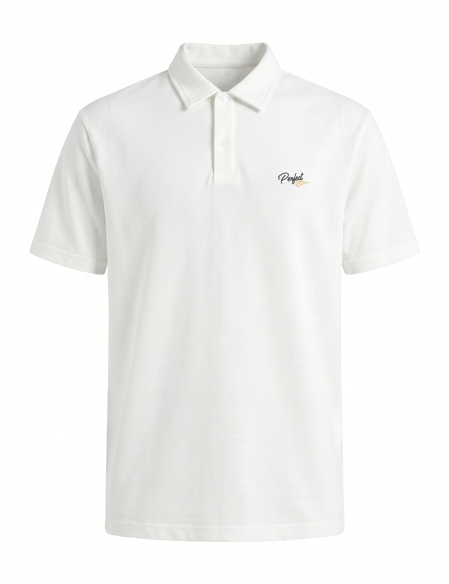 White polo shirt with a small logo on a white background