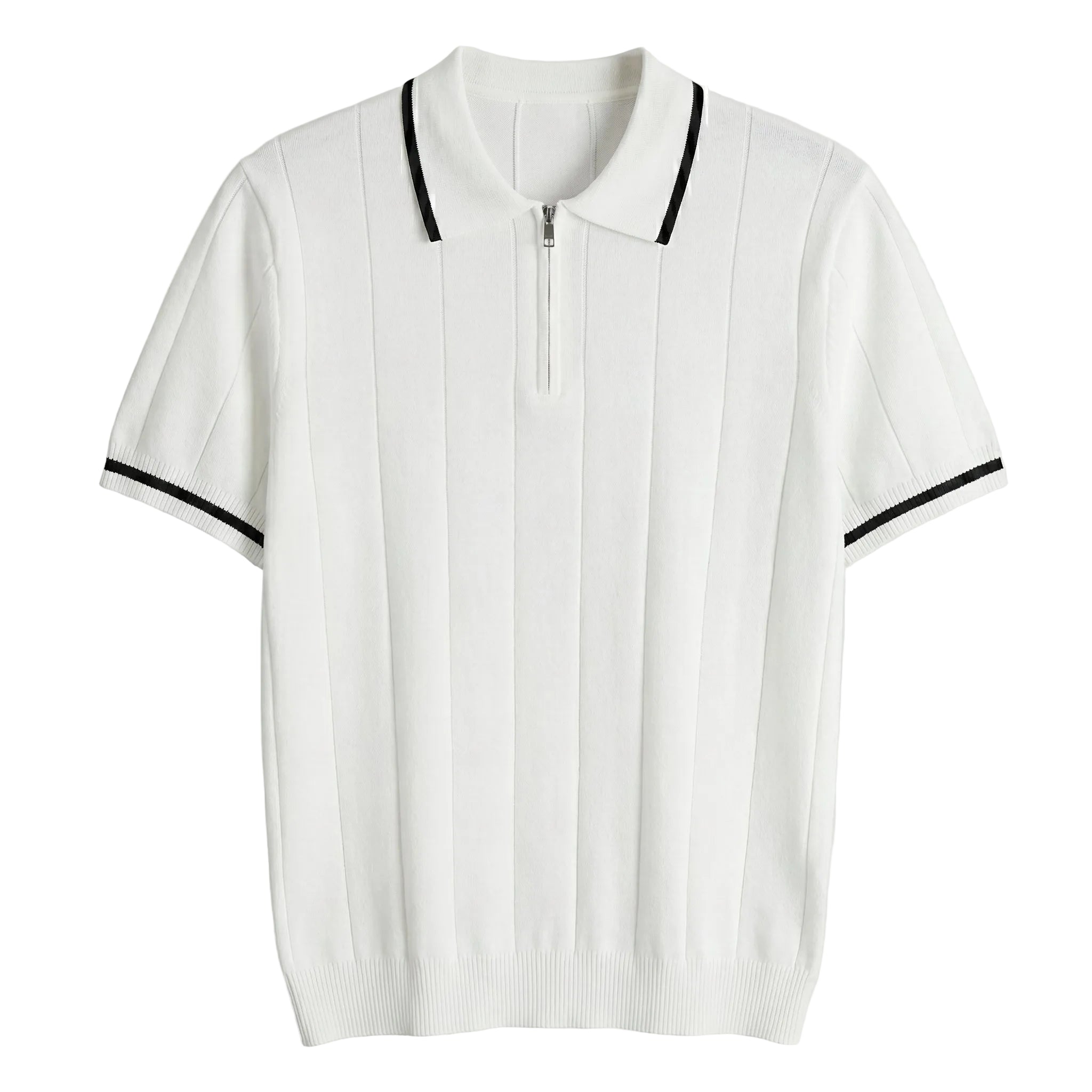 White polo shirt with black trim on a light gray background