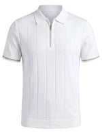 White polo shirt with gold trim on a light gray background