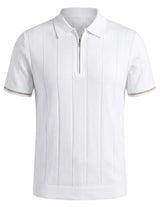 White polo shirt with gold trim on a light gray background