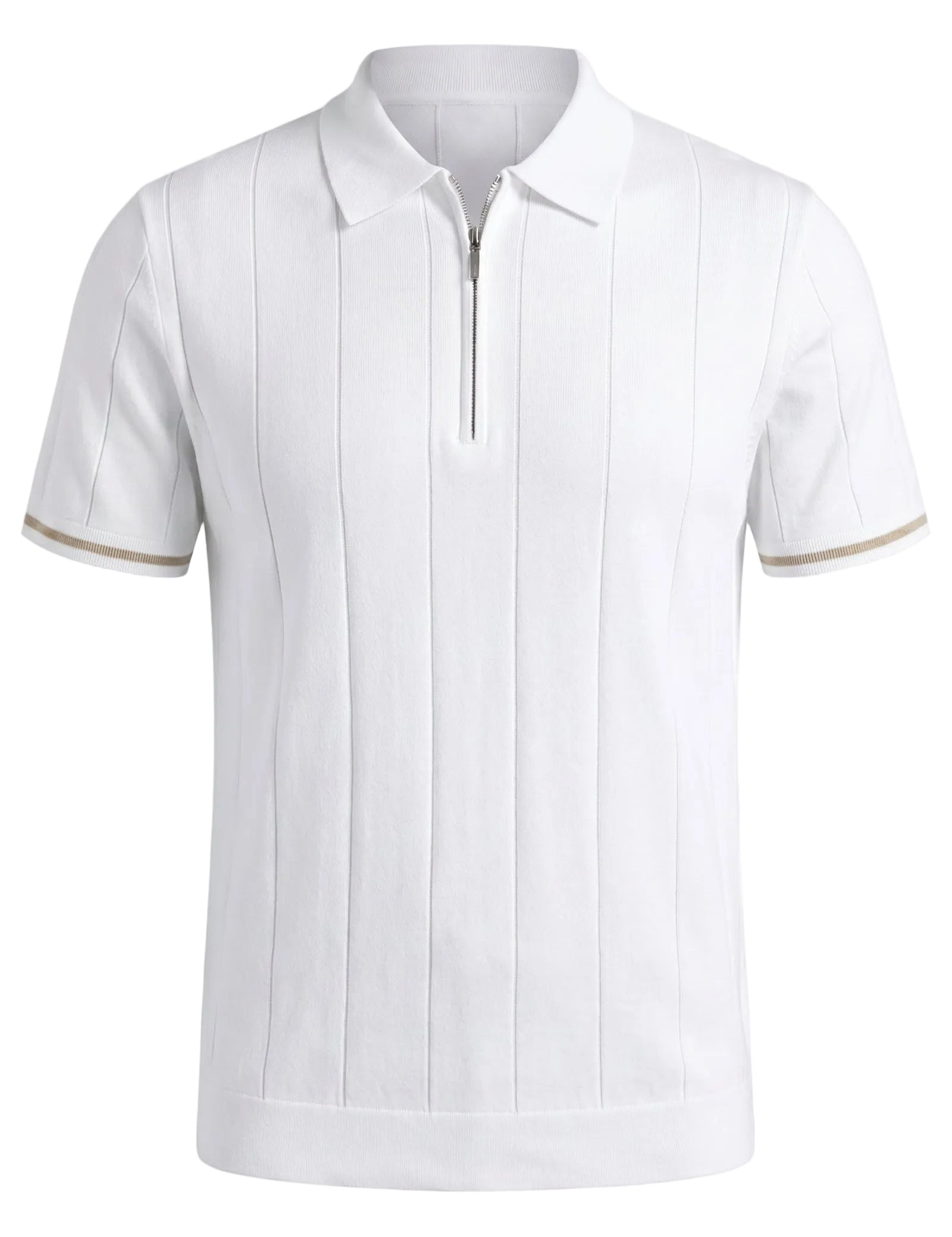 White polo shirt with gold trim on a light gray background