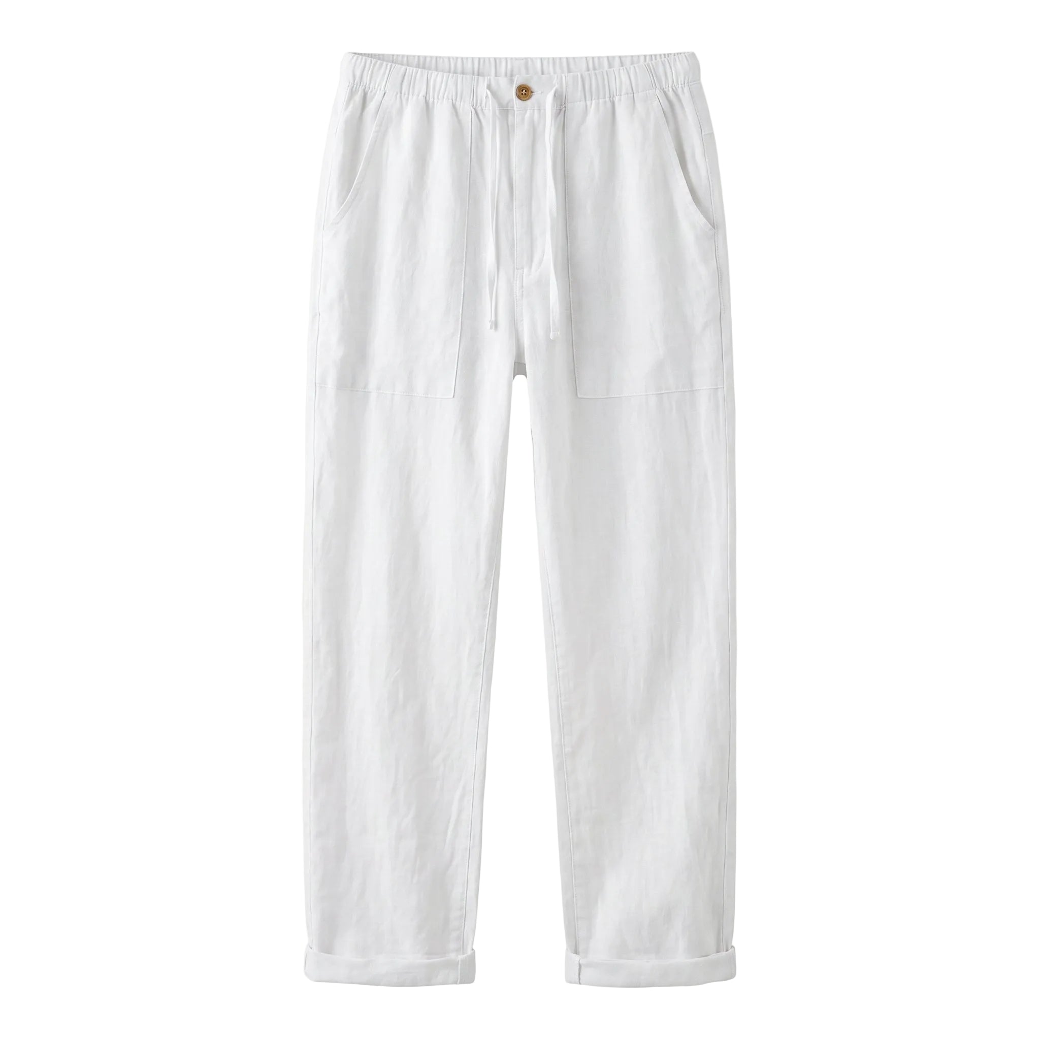White relaxed-fit casual pants on a white background.