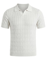 White ribbed knit polo shirt on a light gray background