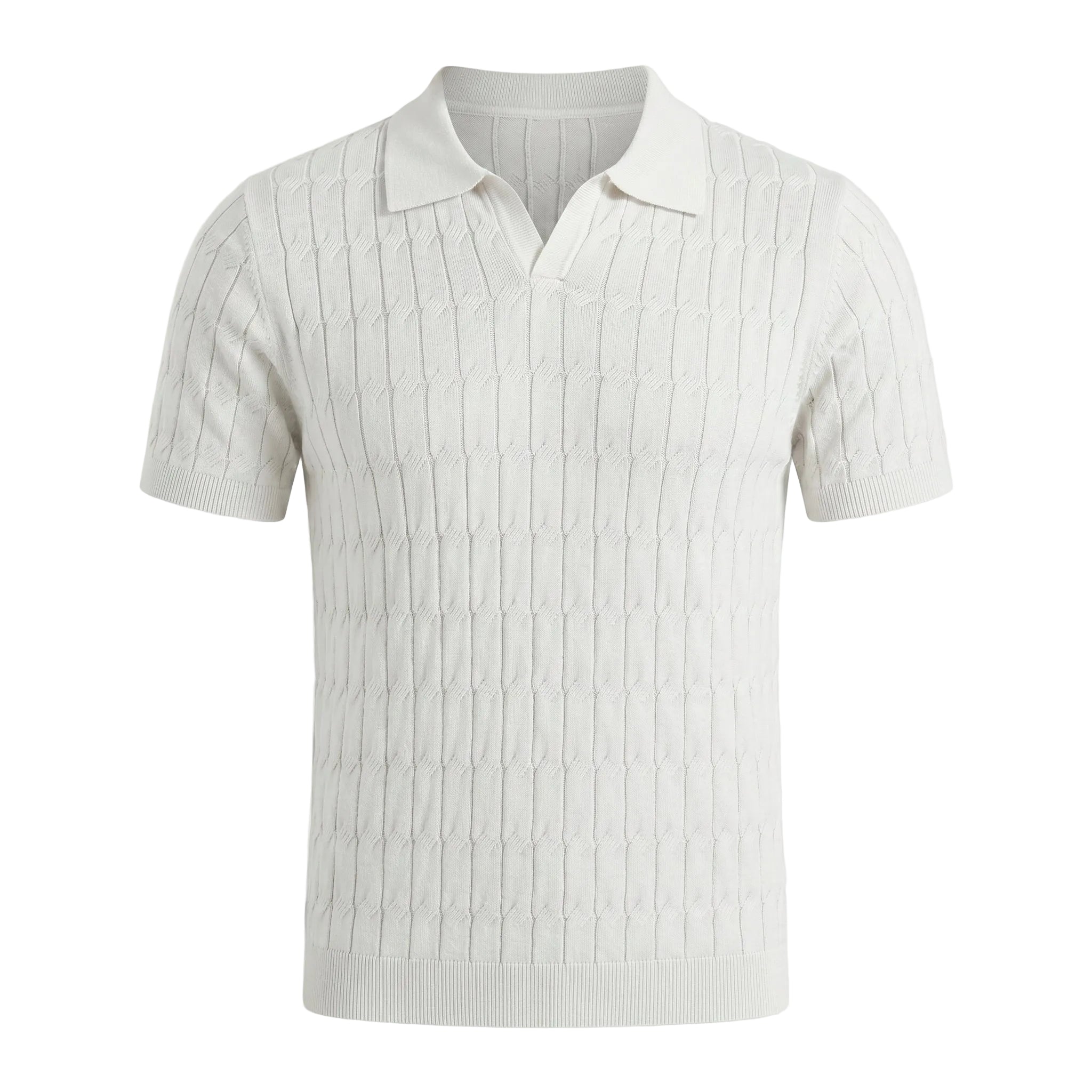 White ribbed knit polo shirt on a light gray background