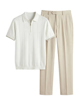 White shirt and beige pants on a light gray background