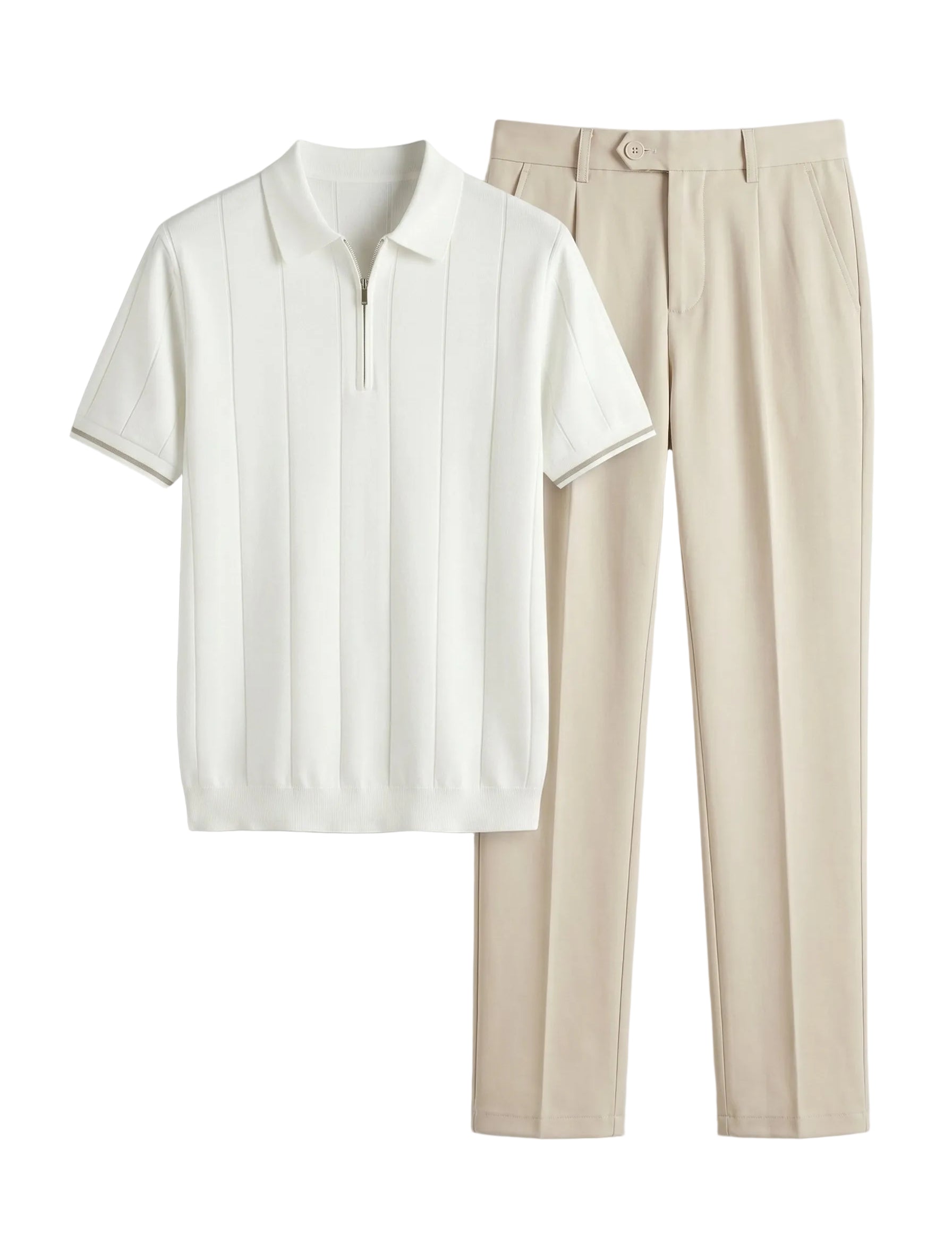 White shirt and beige pants on a light gray background