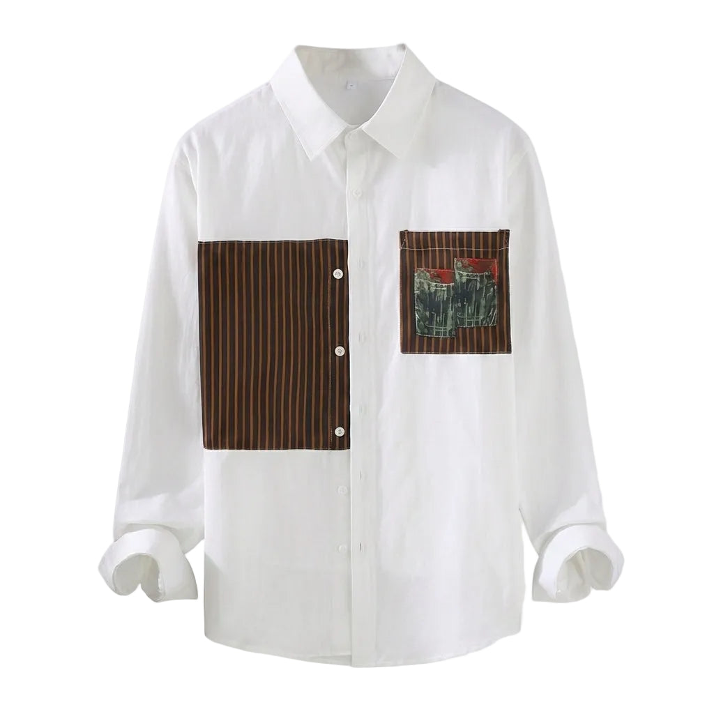 White shirt with brown and patterned patch on a white background
